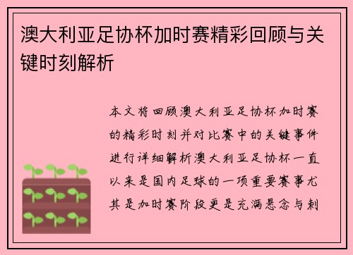 澳大利亚足协杯加时赛精彩回顾与关键时刻解析