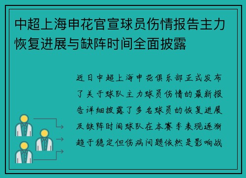 中超上海申花官宣球员伤情报告主力恢复进展与缺阵时间全面披露