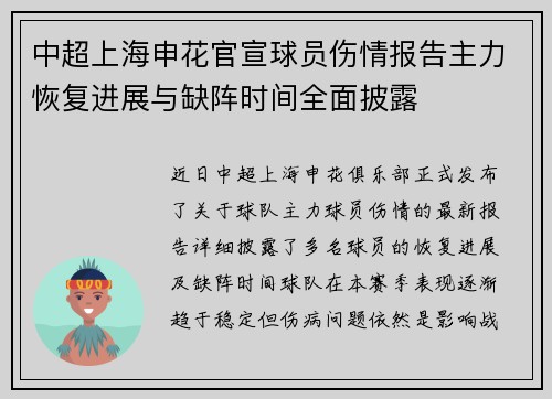 中超上海申花官宣球员伤情报告主力恢复进展与缺阵时间全面披露